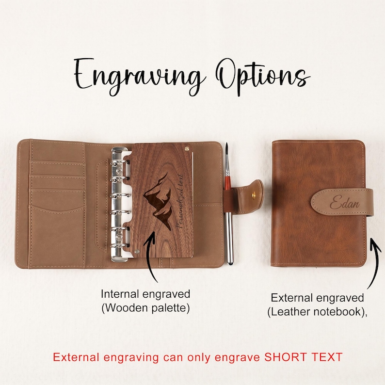 May include: A brown leather notebook and wooden palette with engraving options. The wooden palette features a mountain design and the text "Personalized text". The leather notebook is engraved with the name "Edan".