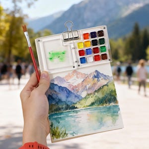 Könnte beinhalten: Ein Aquarellmalset mit einer Landschaftsszene von Bergen und einem See. Das Set enthält eine Palette mit bunten Farben, einen Pinsel und einen kleinen Aquarellblock. Das Gemälde wird in der Hand einer Person gehalten.