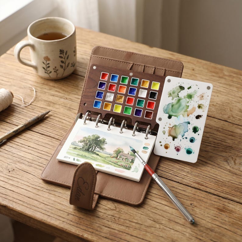 May include: A brown leather watercolor paint set with a wooden palette of colorful paints, a small watercolor pad with a landscape painting, and a white palette with paint splotches. A ceramic mug with floral designs sits nearby.