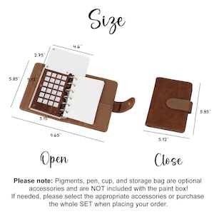 May include: A brown leather planner, open and closed, with measurements in inches. The open planner shows a grid of small squares and a notepad. The closed planner has a tab closure. Text on the image reads "Size", "Open", and "Close".