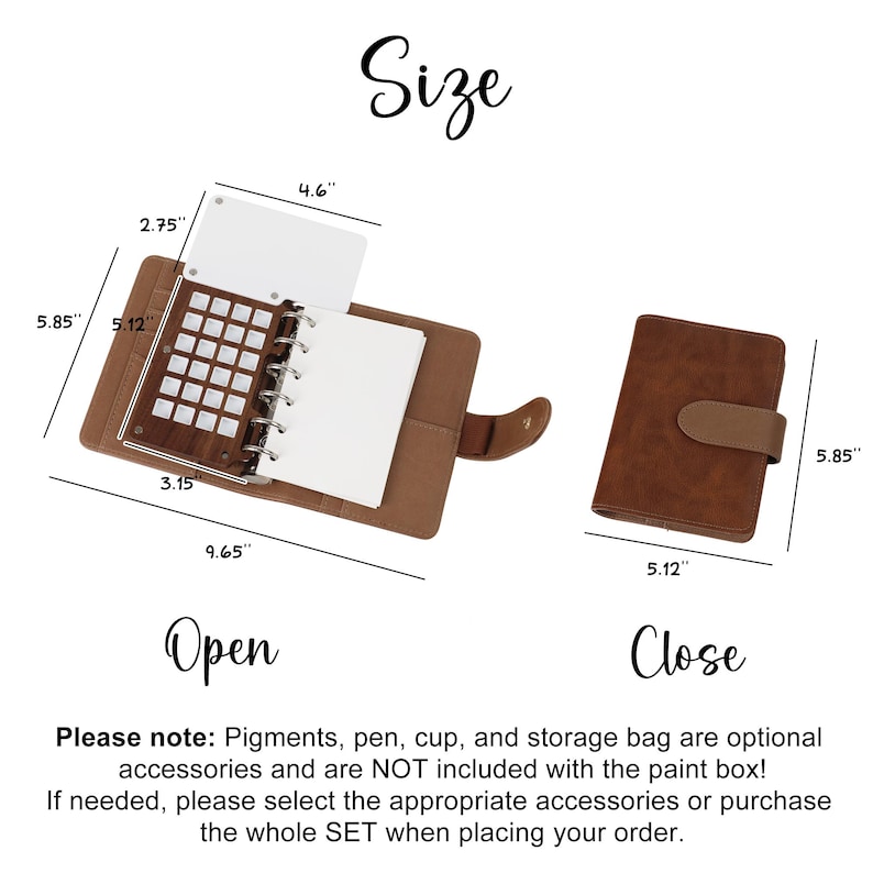 May include: A brown leather planner, open and closed, with measurements in inches. The open planner shows a grid of small squares and a notepad. The closed planner has a tab closure. Text on the image reads "Size", "Open", and "Close".