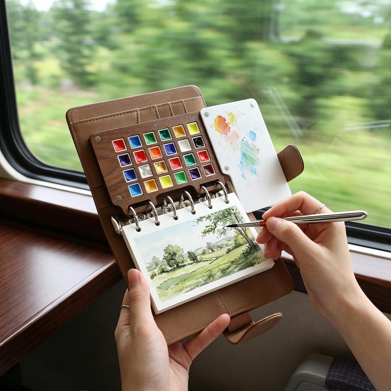 May include: A brown leather watercolor art set with a wooden palette of colorful paints, a small watercolor pad, and a brush. The set is open, revealing a landscape painting in progress. The background shows a blurred view of trees and a window.