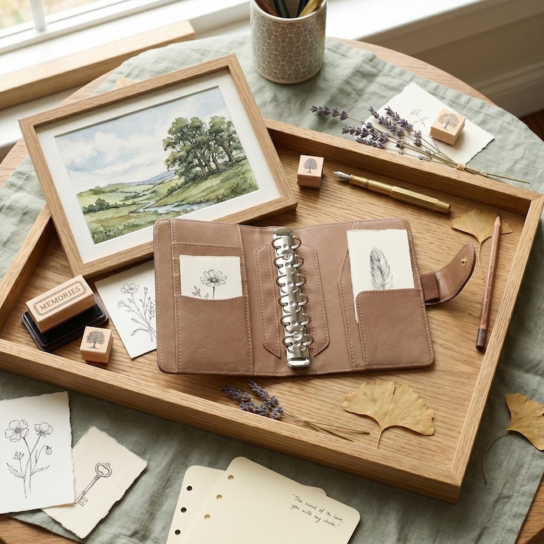 May include: A wooden tray holds a brown leather planner, framed watercolor landscape, stamps, stationery, and dried botanicals. The planner is open, revealing a silver binder and pockets with cards. A pencil and pen are also present.