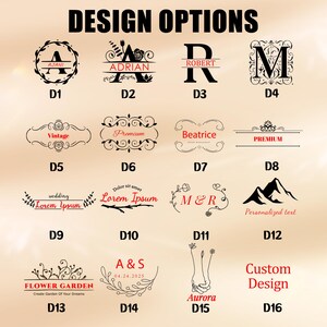 May include: A selection of design options featuring various fonts, monograms, and decorative elements. The designs include initials, names, and phrases like "Vintage," "Premium," and "Flower Garden." The text is in black and red.