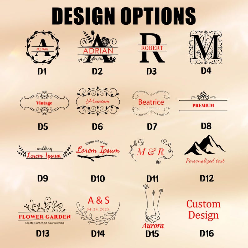 May include: A selection of design options featuring various fonts, monograms, and decorative elements. The designs include initials, names, and phrases like "Vintage," "Premium," and "Flower Garden." The text is in black and red.