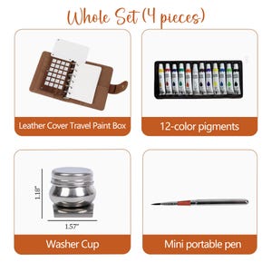 May include: A complete art set including a brown leather travel paint box, a set of 12-color pigments, a metal washer cup (1.18" high, 1.57" wide), and a mini portable pen. The set is designed for artists on the go.