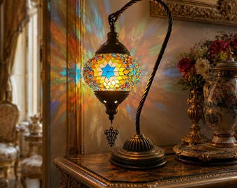 Lámpara Tiffany turca de cristal con cuello de cisne, lámpara única de estilo bohemio, decoración para el hogar de arte marroquí, arte bohemio para el hogar, cumpleaños, Halloween