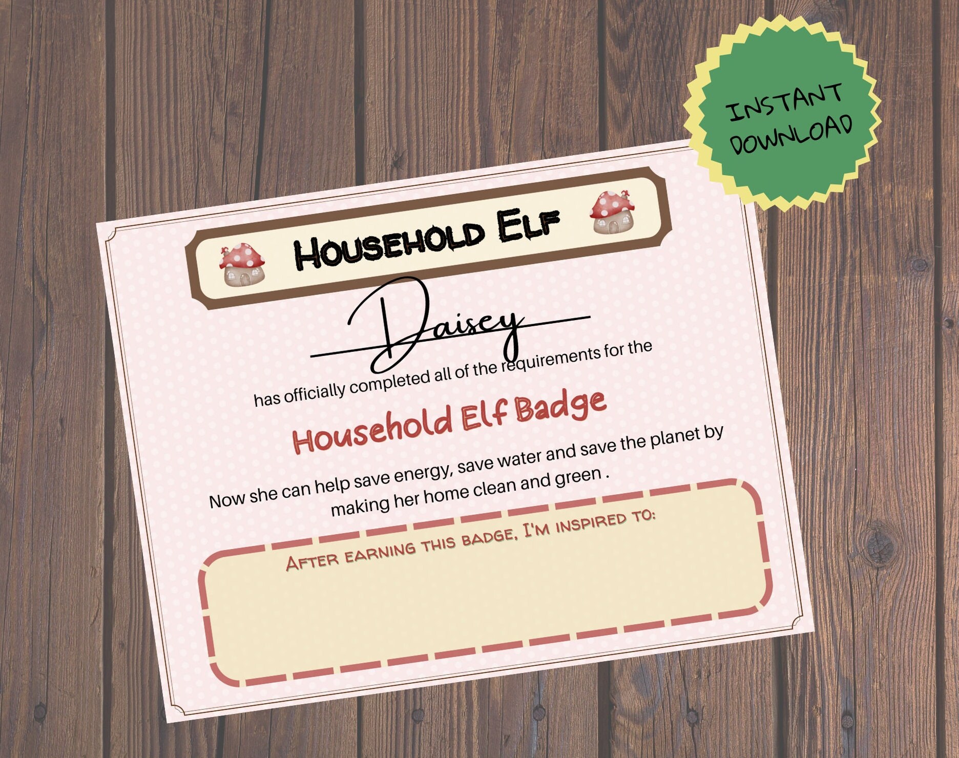 Household Elf Badge Certificate Etsy