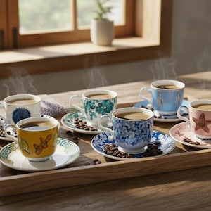 Bone Porcelain Turkish Coffee Cup Set – 6 Espresso Mugs & Saucers