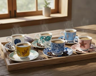 Türkisches Kaffeetassen-Set aus Knochenporzellan - 6 Espressotassen und Untertassen