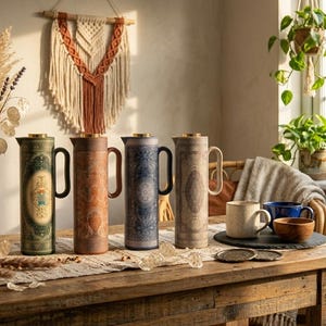 Op de afbeelding: Vier hoge, bedrukte thermosflessen met zwarte handvatten staan op een houten tafel. De flessen zijn in groen, bruin, blauw en beige. Een vaas met droogbloemen en mokken completeren de scène, badend in natuurlijk licht.