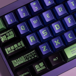 May include: Close-up of a custom mechanical keyboard with purple keycaps and green lettering. The keys feature Japanese text and symbols, with the "ESC" key in green. The keyboard has a purple frame and is designed with an anime theme.