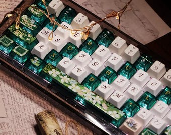 Emerald Garden Bloom keycap-set | PBT+PC Cherry-profiel | Lente Botanische Esthetiek | Doorschijnende toetsen