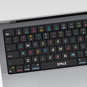 Op de afbeelding: Een laptoptoetsenbord met zwarte toetsen en veelkleurige, handgetekende letters en symbolen. Elke toets toont een letter, cijfer of functielabel in een levendig, schetsmatig lettertype. De spatiebalk is voorzien van het woord SPACE.