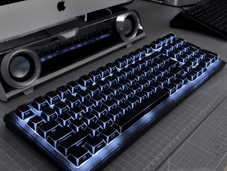 May include: A black mechanical keyboard with white illuminated keys. The keyboard is on a grey surface, with a computer monitor and speakers in the background. The keys are clearly labelled with white lettering.