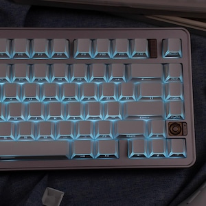 May include: A light gray mechanical keyboard with white keycaps and blue backlighting. The keyboard has a compact layout with function keys and a dedicated multimedia control knob. The keys are arranged on a gray metal frame.