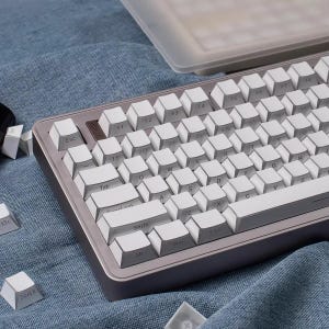 May include: A mechanical keyboard with white keycaps and a gray frame. The keyboard has a compact layout with various function keys and alphanumeric keys. Some keycaps are detached and scattered around the keyboard.