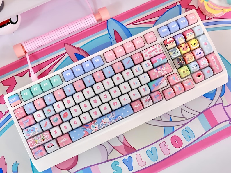 Sylveon Inspired Keycap Set | Fairy Pokémon Style Keyboard Keycaps | Eevee-Inspired Aesthetic | 133 Keys PBT MOA Profile image 5