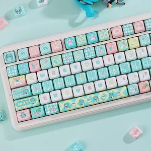Zestaw nakładek klawiszy inspirowanych Hatsune Miku | Nakładki na klawisze w stylu Chibi Anime | 125 klawiszy PBT, profil MOA | Niestandardowe nakładki na klawisze do klawiatury mechanicznej