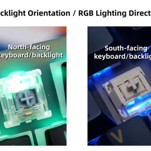 Op de afbeelding: Twee close-up beelden van toetsenbordschakelaars die de ori&euml;ntatie van de achtergrondverlichting en de RGB-lichtrichting tonen. De tekst luidt "North-facing keyboard/backlight" en "South-facing keyboard/backlight". De schakelaars zijn groen en blauw verlicht.