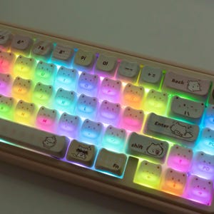 May include: A backlit keyboard with cat-shaped keycaps. The keys are illuminated with a rainbow of colors, creating a vibrant and playful aesthetic. The keyboard has a light pink frame and includes function keys.