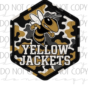 May include: A hexagonal graphic with a yellow, black, and white colour scheme. The design features a cartoon bee with the words "YELLOW JACKETS" in bold white letters. The background has a camouflage pattern.