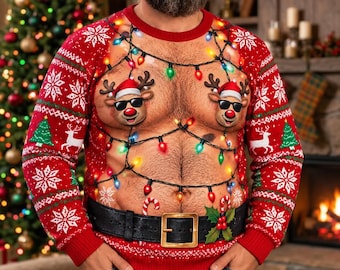 Funny Christmas Sweater for Men, Ugly Xmas Sweater, Reindeer Santa Light Design Holiday Pullover, Novelty Christmas Party Gift for Him