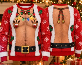Funny Santa Christmas Sweater, Men's Sexy Ugly Xmas Sweatshirt, Reindeer Holiday Party Pullover, Novelty Christmas Gift for Him