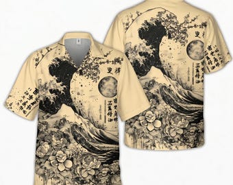Japanese Wave Hawaiian Shirt, Ukiyo-e Great Wave Button Up Shirt, Vintage Japanese Art Aloha Shirt, Unisex Beach Vacation Gift