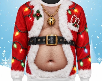 Funny Santa Belly Christmas Sweater, Men's Ugly Xmas Sweatshirt, Christmas Lights Holiday Party Pullover, Novelty Gift for Him
