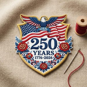 May include: Embroidered patch in a shield shape, featuring the American flag, an eagle, and the text "250 YEARS 1776-2026." The design includes red roses and blue floral accents. A spool of red thread and a needle are also visible.