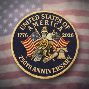 May include: A circular patch with the text "UNITED STATES OF AMERICA" and "250TH ANNIVERSARY" encircling a central design. The design features an eagle, American flags, the Liberty Bell, and the dates 1776 and 2026. The patch is navy blue with gold and red accents.