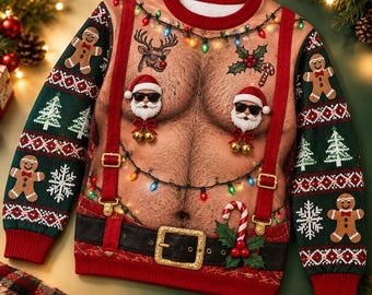 Funny Christmas Sweater for Men, Ugly Xmas Pullover, Santa Reindeer Light Design Holiday Sweatshirt, Novelty Belt Style Gift for Him