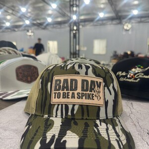 Vintage Camo Trucker Hat, Bad Day To Be A Spike Leather Patch, Snapback Cap