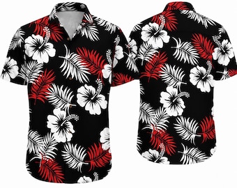 Black Red Hibiscus Hawaiian Shirt for Men, Tropical Palm Leaf Aloha Button Up, Floral Island Beach Vacation Summer Shirt