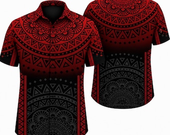 Red Black Tribal Hawaiian Shirt for Men, Aztec Geometric Aloha Shirt, Polynesian Print Button Up Shirt, Tropical Beach Summer Gift