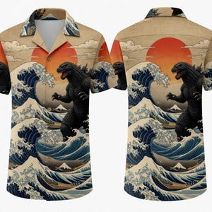 Godzilla Japanese Hawaiian Shirt, Great Wave Aloha Shirt, Mount Fuji Button Up, Kaiju Anime Tropical Beach Shirt Gift