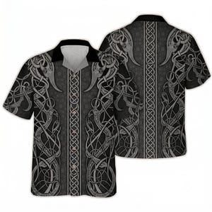 Gray Celtic Knot Hawaiian Shirt, Viking Tribal Aloha Shirt, Norse Pattern Button Up, Medieval Beach Vacation Gift