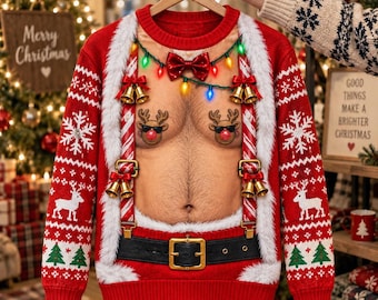 Funny Reindeer Christmas Sweater, Men's Ugly Xmas Sweatshirt, Santa Suspender Holiday Party Pullover, Novelty Gift for Him