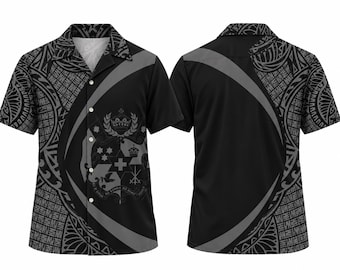 Black Polynesian Hawaiian Shirt Men, Tribal Aloha Shirt, Monochrome Island Button Up, Tonga Inspired Shirt, Beach Vacation Gift for Him