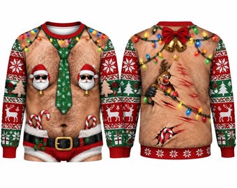Funny Ugly Christmas Sweater, Santa Reindeer Xmas Sweater, Torn Ripped Effect Holiday Pullover, Novelty Christmas Party Outfit, Winter Gift