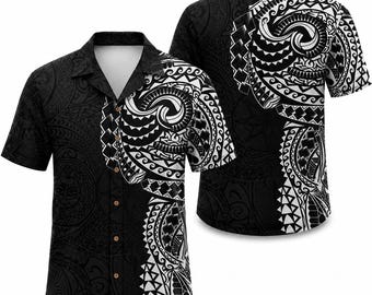 Black Polynesian Hawaiian Shirt, Tribal Half Sleeve Aloha Shirt, Maori Tattoo Pattern Button Up, Island Tropical Beach Shirt