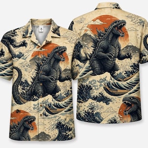 May include: A short-sleeved button-down shirt featuring a beige background with a repeating graphic print of a dark grey monster, large crashing blue ocean waves, a bright orange sun, and mountain silhouettes in a traditional woodblock art style.