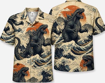 Godzilla Japanese Wave Hawaiian Shirt, Kaiju Monster Aloha Shirt, Vintage Ukiyo-e Style Button Up Shirt, Gift for Men