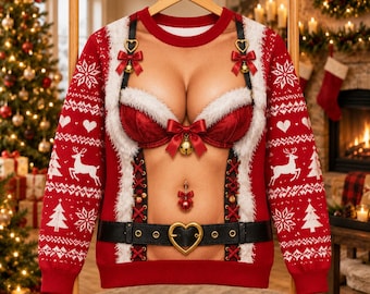 Funny Christmas Sweater, Men's Ugly Xmas Pullover, Santa Belt Holiday Sweatshirt, Gingerbread Reindeer Winter Party Novelty Gift for Him