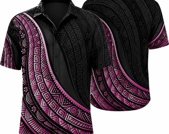 Black Pink Tribal Hawaiian Shirt, Polynesian Geometric Aloha Shirt, Mens Button Up Beach Shirt, Boho Tropical Summer Vacation Gift
