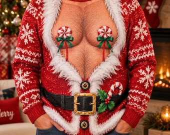 Funny Santa Christmas Sweater, Men's Ugly Xmas Sweatshirt, Sexy Candy Cane Holiday Party Pullover, Novelty Gift for Him