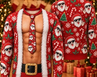 Funny Santa Christmas Sweater, Men's Sexy Ugly Xmas Sweatshirt, Muscle Body Holiday Party Pullover, Novelty Gift for Him