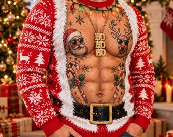 Funny Santa Christmas Sweater, Men's Ugly Xmas Pullover, Ho Ho Ho Holiday Sweatshirt, Reindeer Candy Cane Novelty Gift for Him