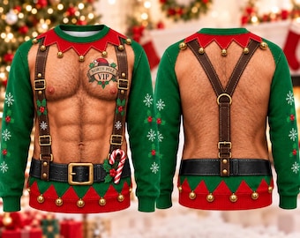 Men's Funny Elf Christmas Sweater, North Pole VIP Ugly Xmas Sweatshirt, Muscle Body Holiday Party Pullover, Gift for Him
